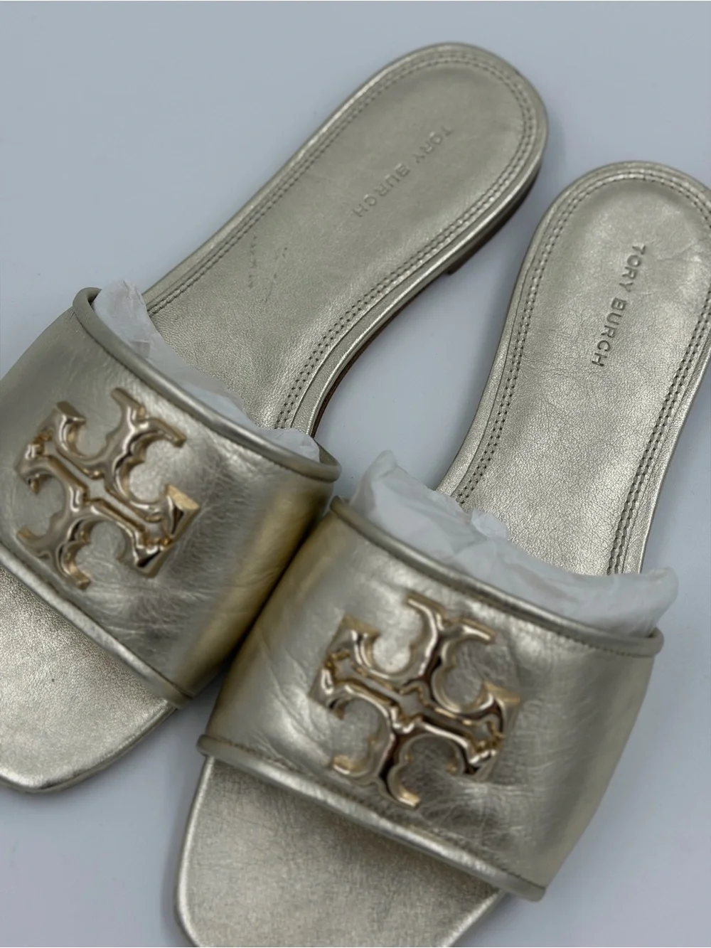 Tory Burch Metallic Gold Double T Slide Sandals – Size 8.5